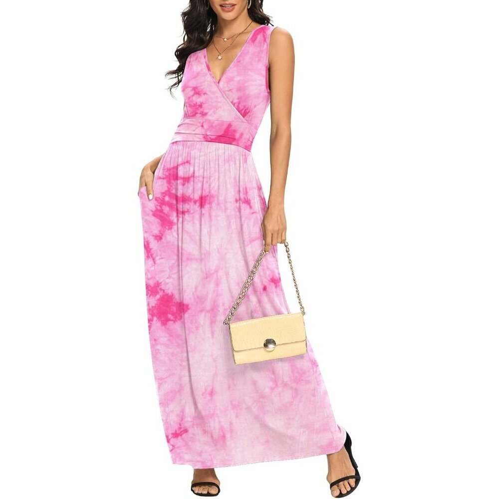 Women Flower Red Deep V Neck Sleeveless Loose Plain Long Maxi Stretchy Dress